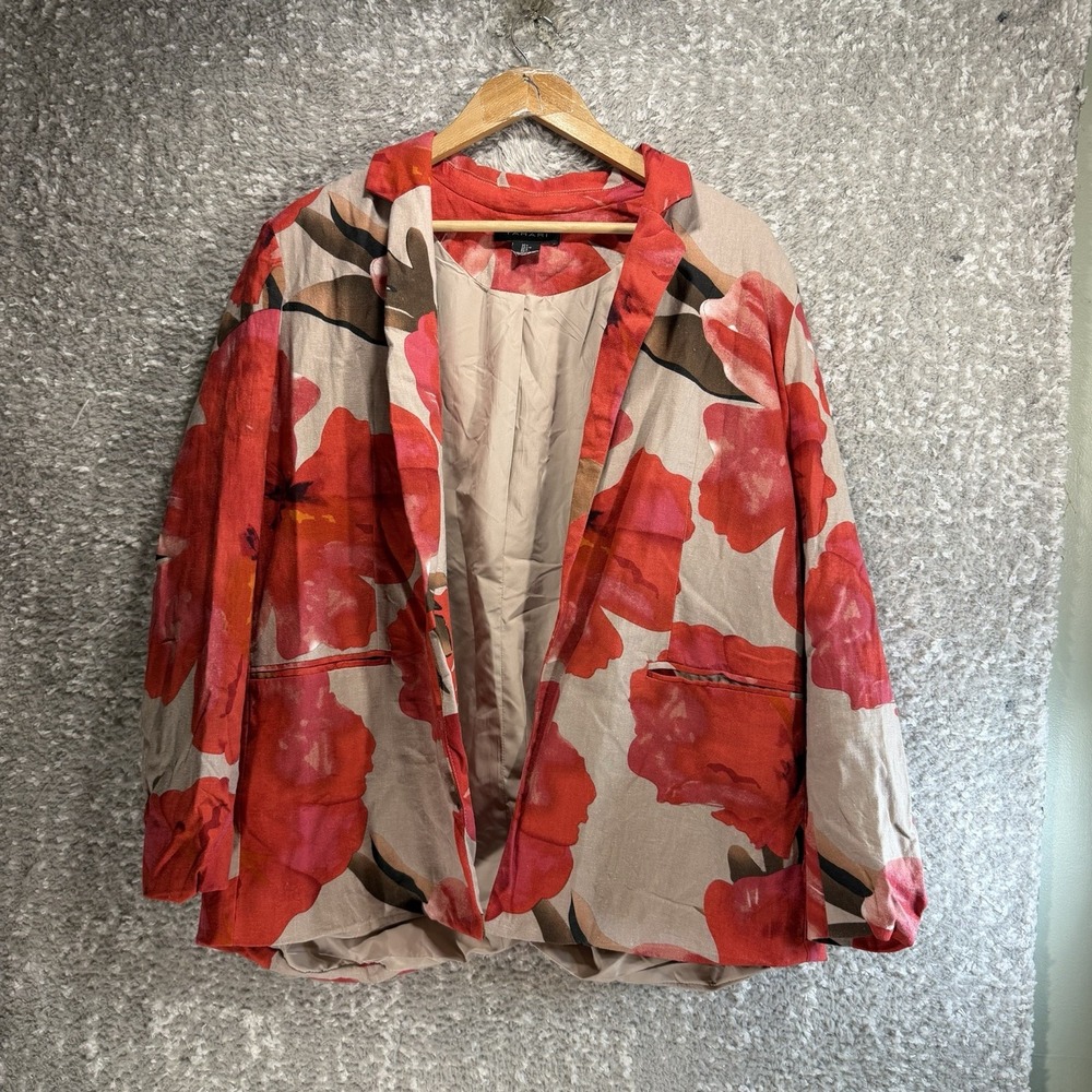 Tahari Linen Blend Floral Open Blazer Jacket L Lined Preppy Career Colorful